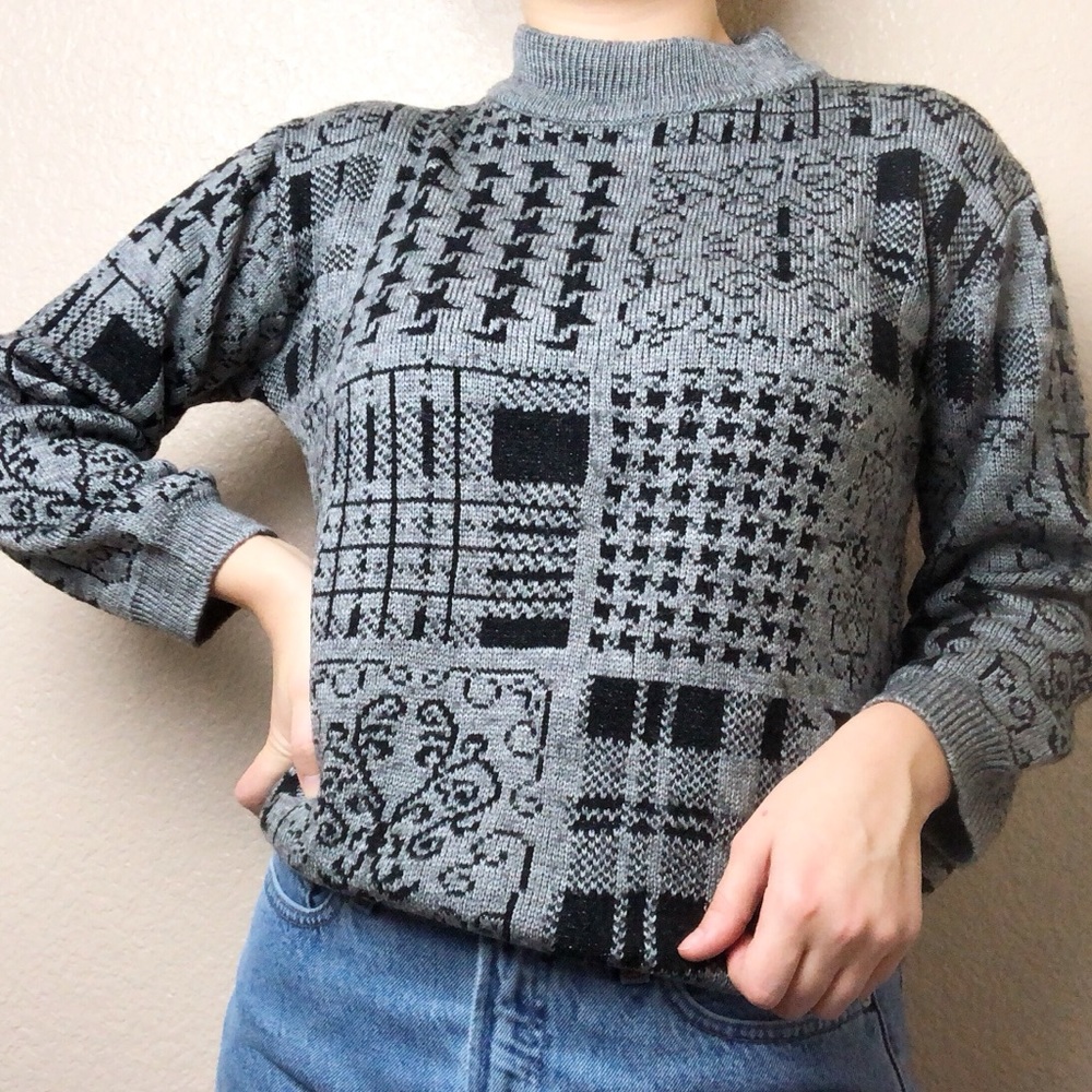 Multi-Patterned Houndstooth Mock Neck Knit Sweater - image 1